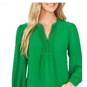 Cece Green Pullover Boho Peasant Lined Long Sleeve Blouse Top Clip Dot Baubles M